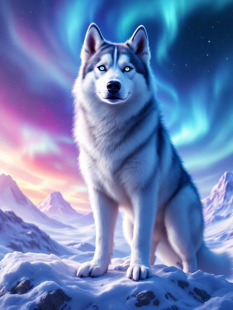 Elon Musk as Husky in Futuristic Aurora Landscape
