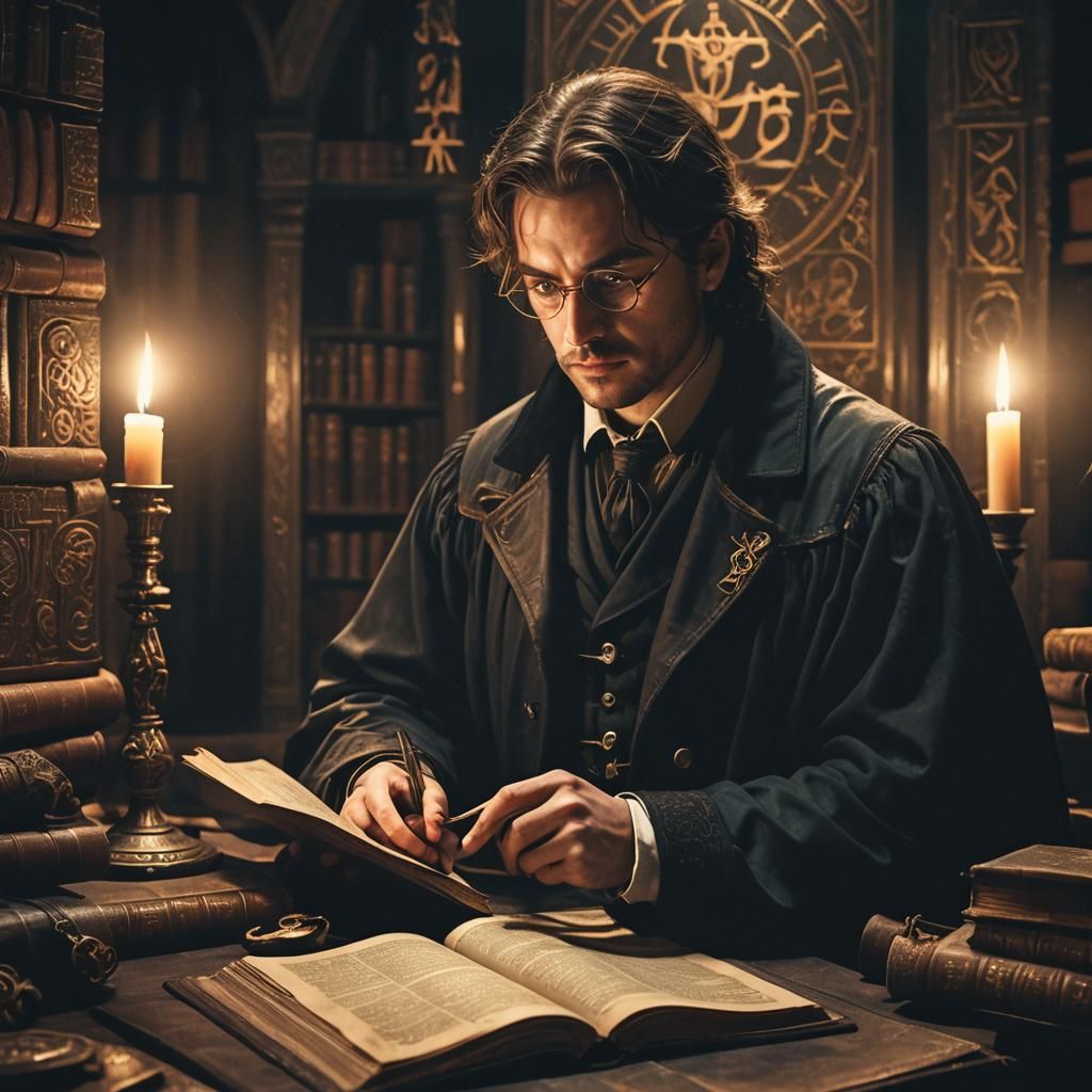 Occult Detective in Dimly Lit Mystical Chamber