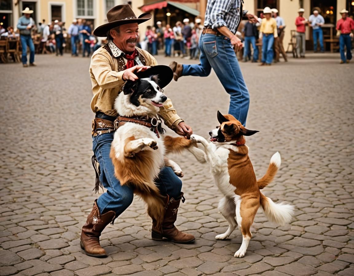 Dancing Cowboy and Dog in Town Square