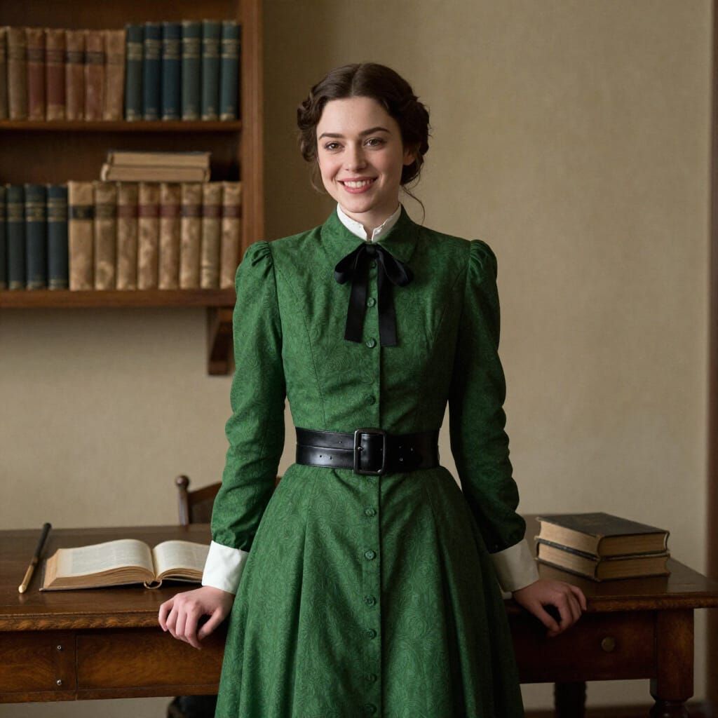 Strict Governess in Vintage Green Dress with Books