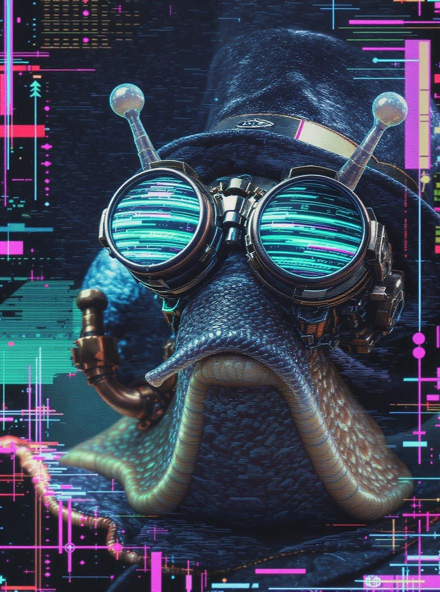 Steampunk Snail Portrait with Glitchcore Hologram Effects
