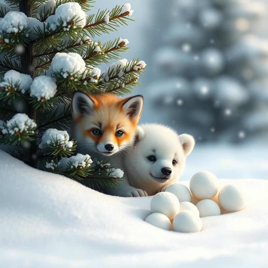 Fox and Polar Bear Cubs in Winter Wonderland