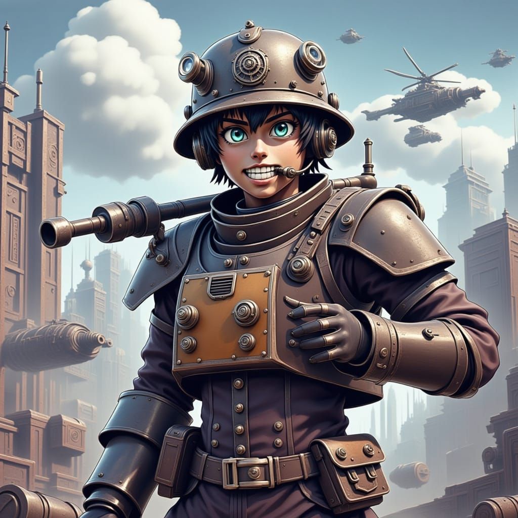 A Chaotic Adventurer's Wide, Wild Grin in Dieselpunk Style