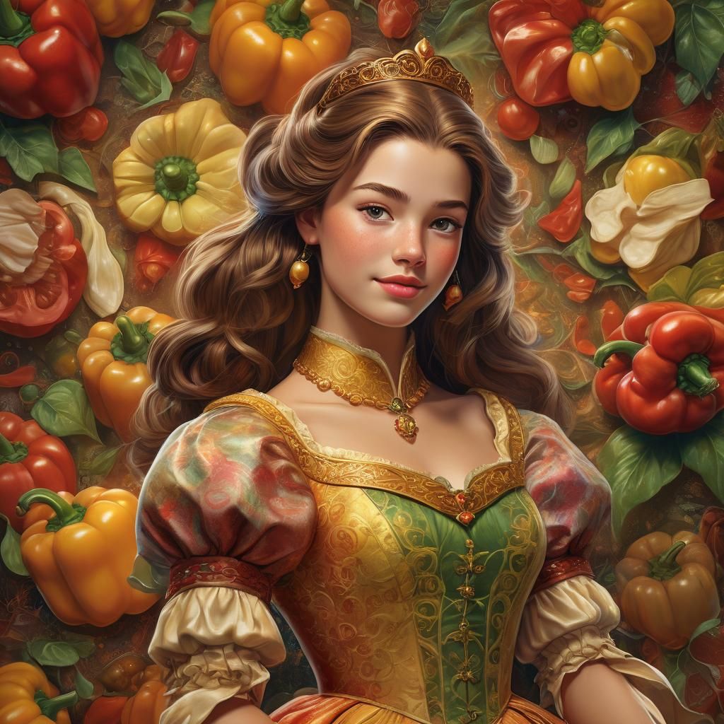 Princess Belle Offers Bell Pepper: Hyperrealistic Splash Art