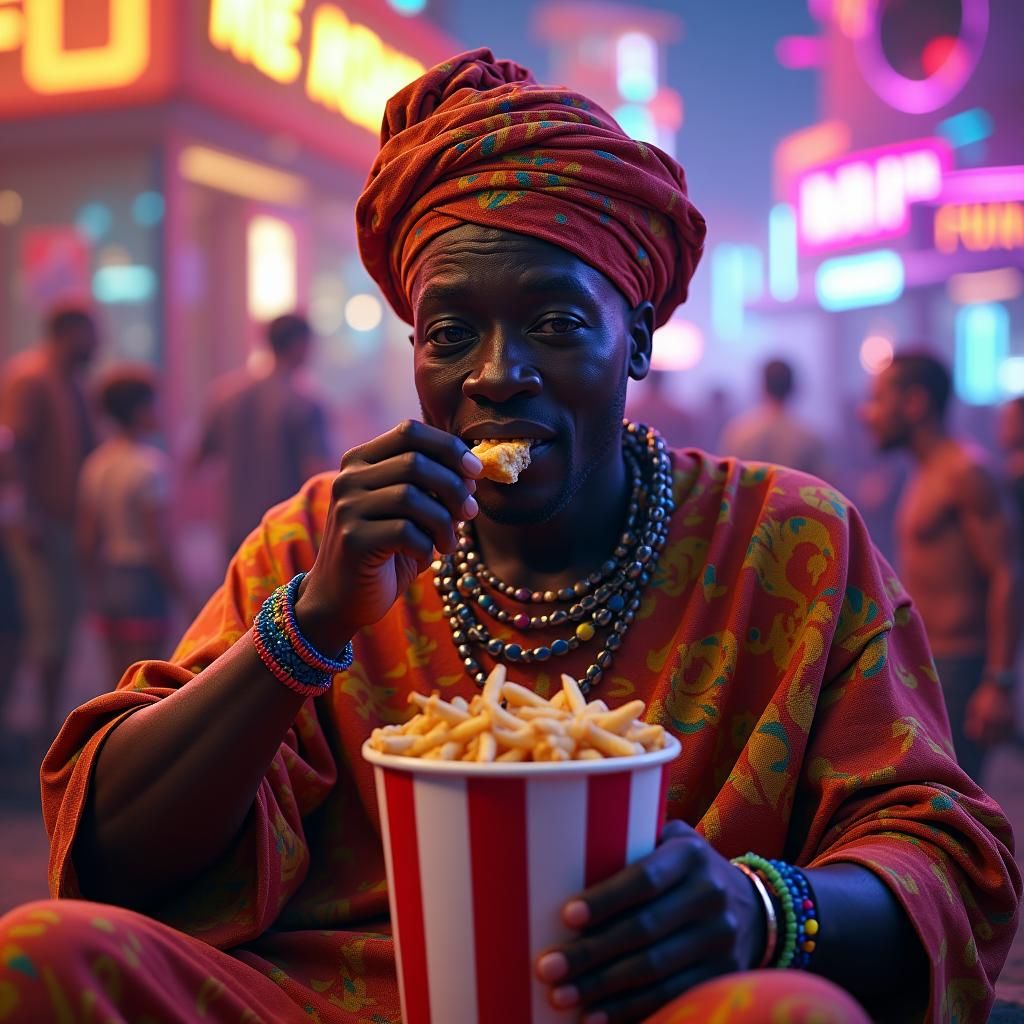 Futuristic Theme Park: African Man Eating KFC