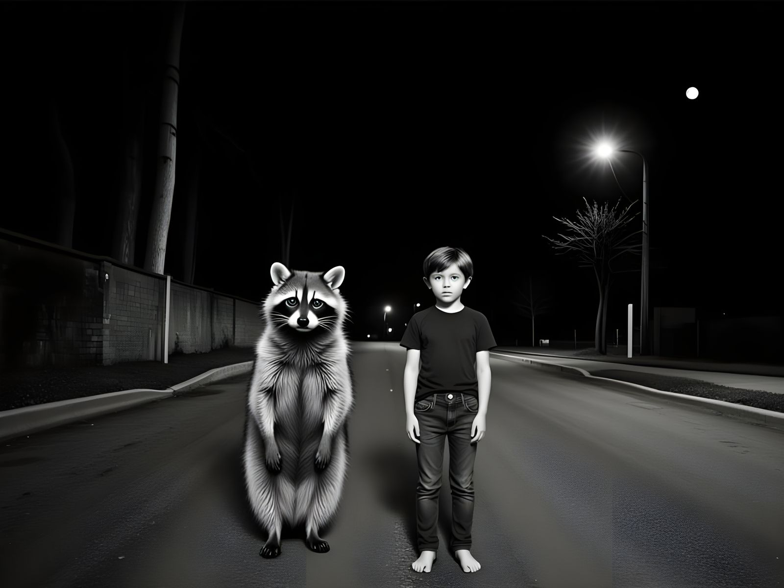 Night Encounter: Young Man and Raccoon in Grayscale