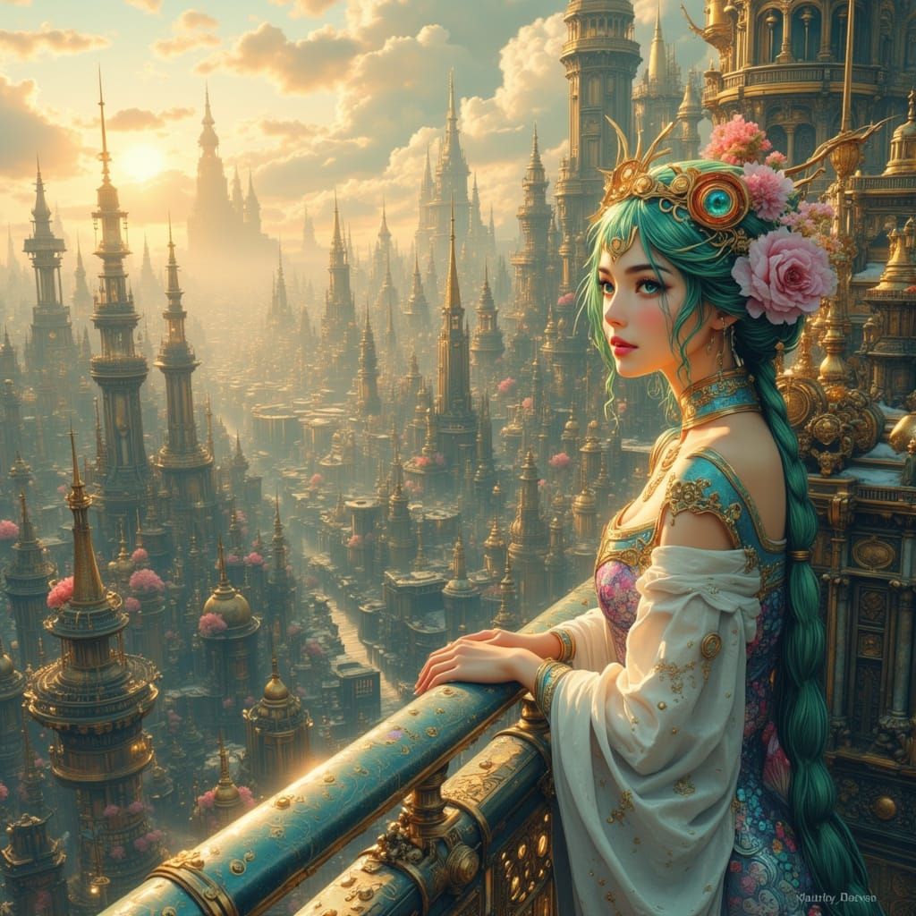 Dragon Woman Overlooking Futuristic Cityscape