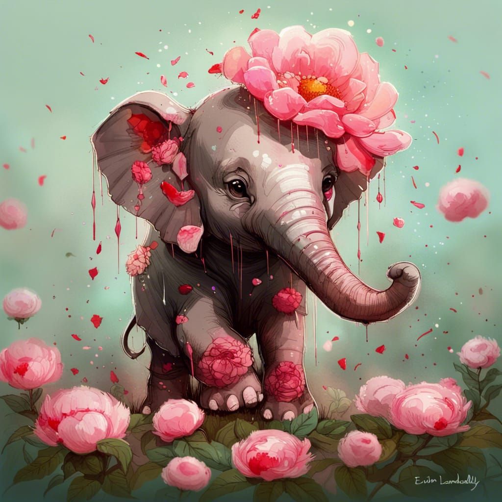 Chibi Elephant in Peonies: Hyperrealistic Splash Art