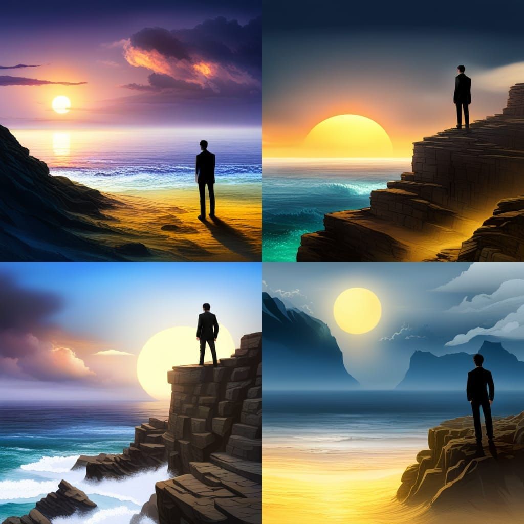 Anime Sunset: Man on Cliff Edge Overlooking Ocean