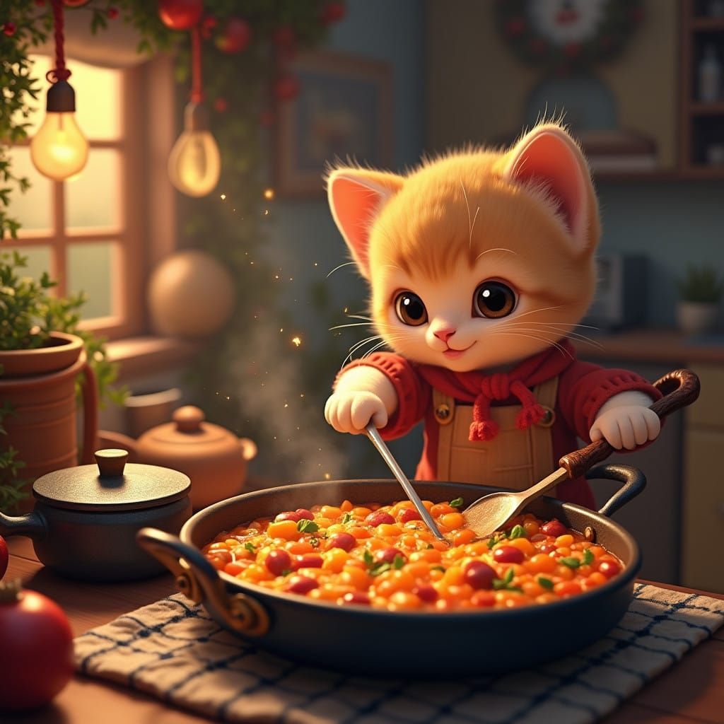 Whimsical Kitten Cooks Christmas Paella in Vibrant Cartoon S...