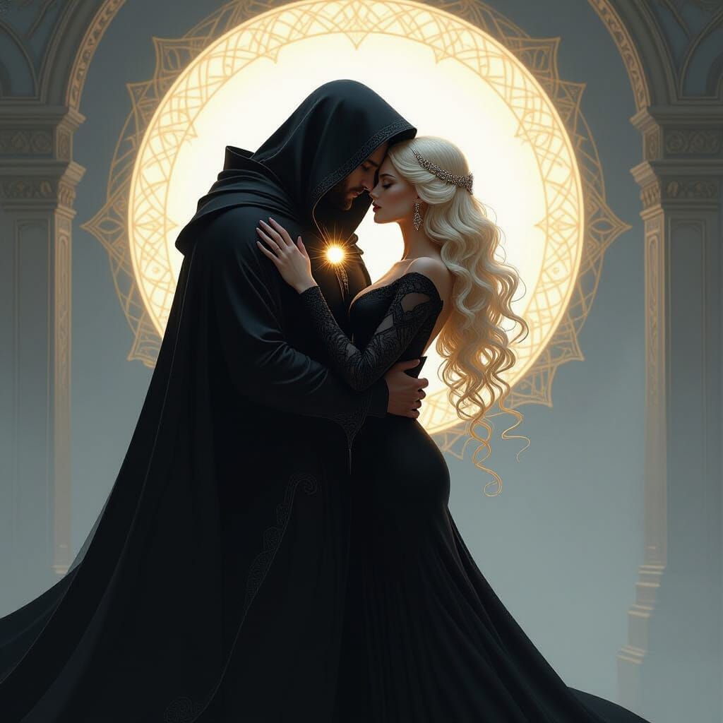 Mystical Figure with Blonde Woman at Shimmering Portal