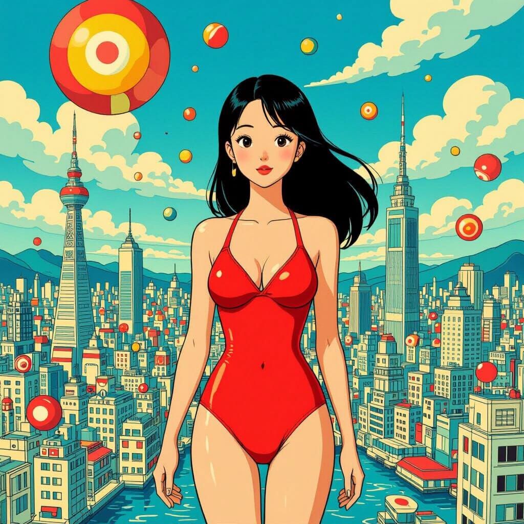 Giant Woman in Red Swimsuit, Surreal Cityscape
