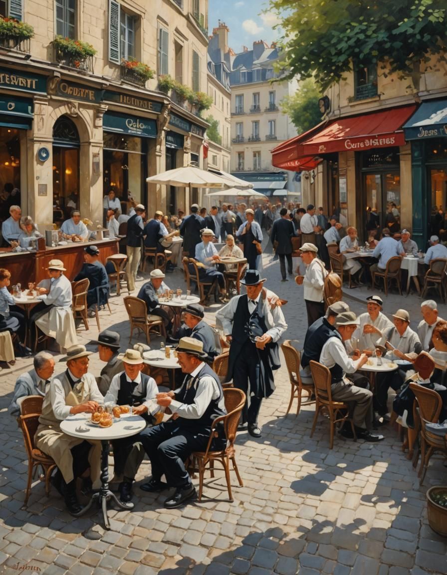 Parisian Cafe Scene in Oil Painting Style