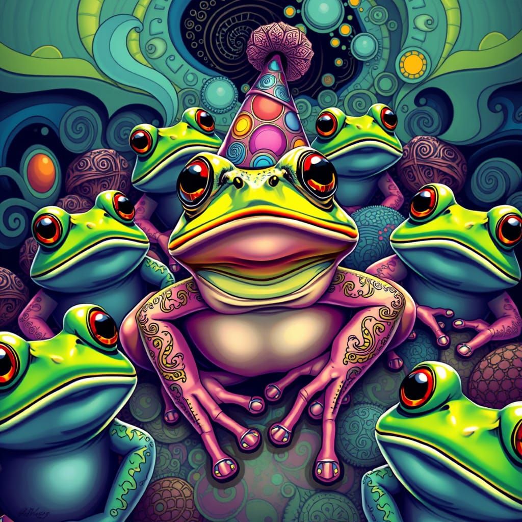 Frog's Surprise Party in Abstract Fractal Style