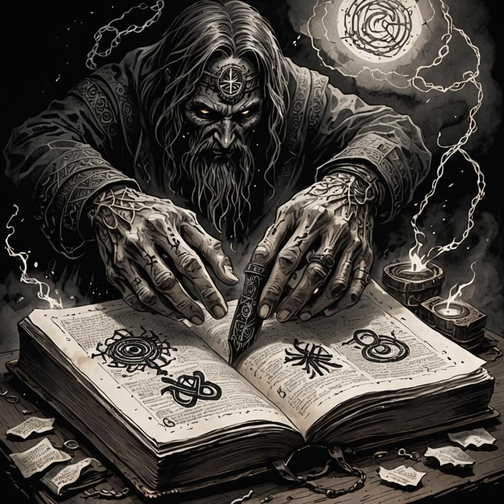 Cursed Book with Runes in Romantic Ink Drawing