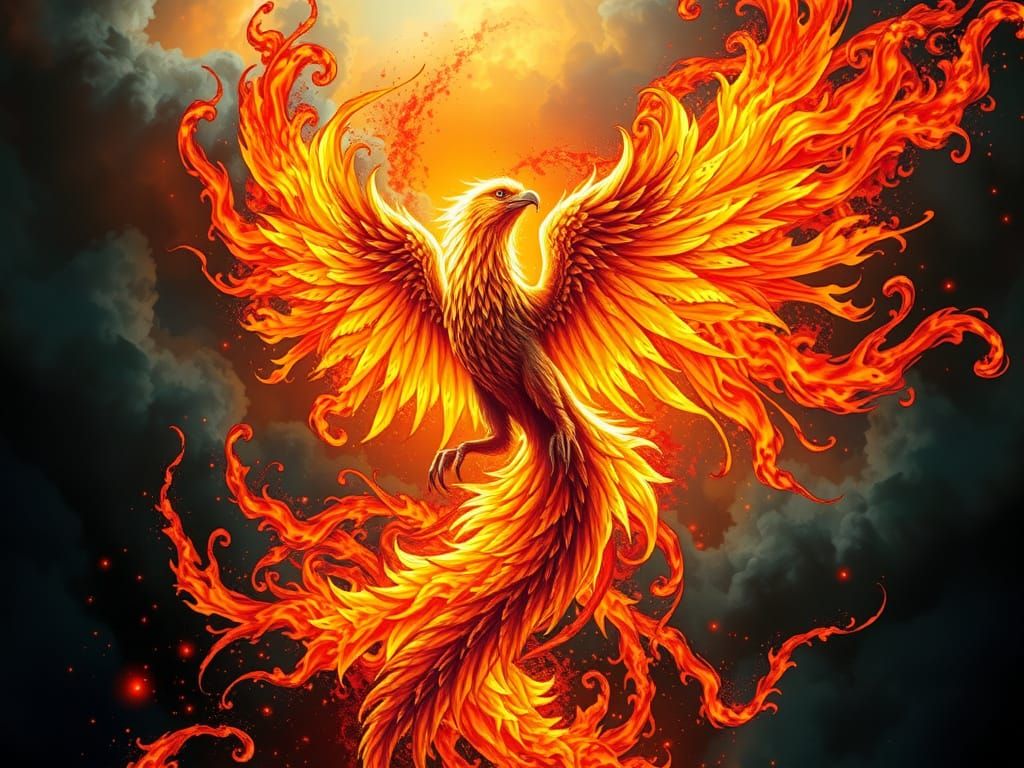 Surreal Phoenix Rises from Vibrant Flames in Stunning Fracta...
