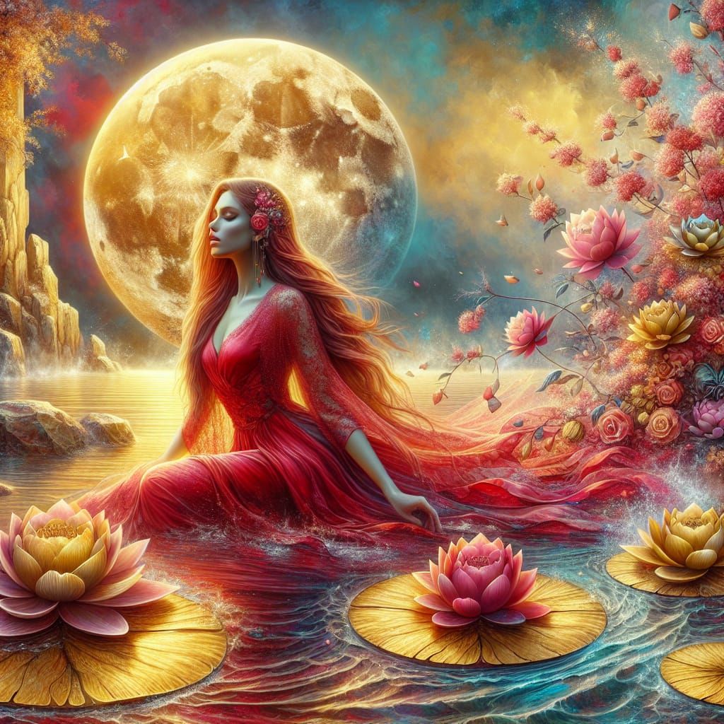 Surreal Woman with Red Hair and Golden Lotus