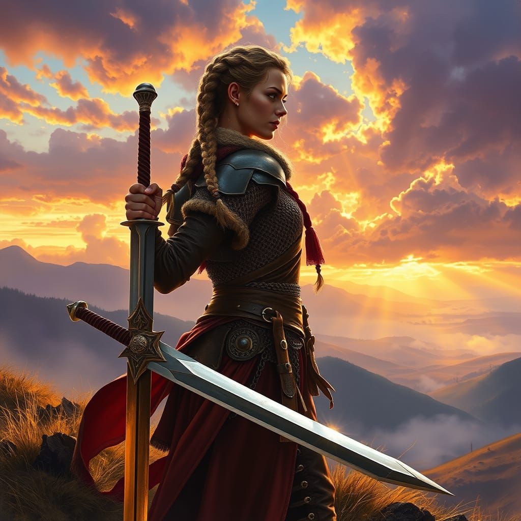 Celtic Warrior Woman on Windswept Hill at Dawn