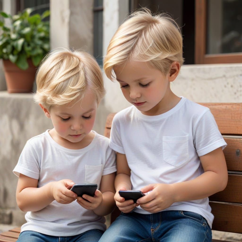 Two Blond Babies Texting on Smartphone in Ramot