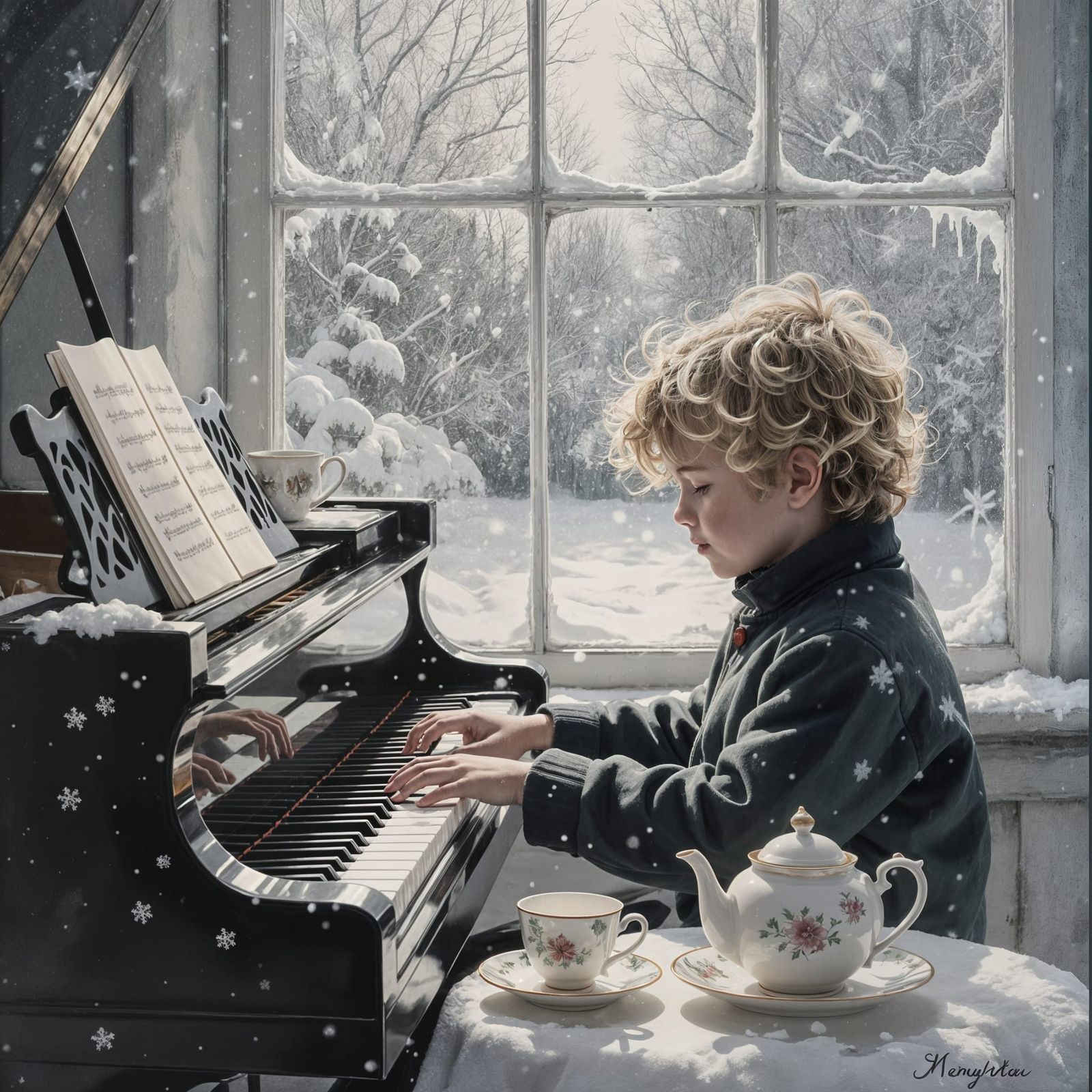 Boy Playing Piano in Snow