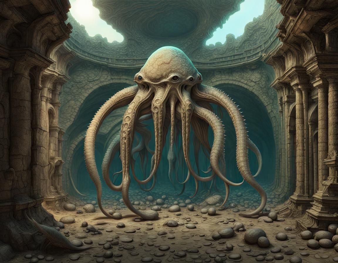 A tribe of alien cephalopods with armored mantles cluster in...