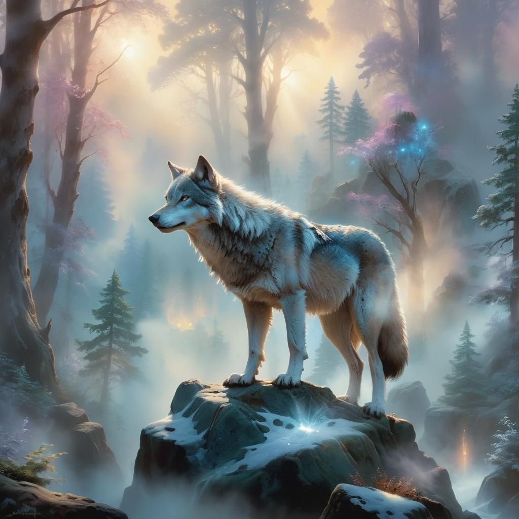 Crystal Wolf in Mystical Forest, Oil on Canvas