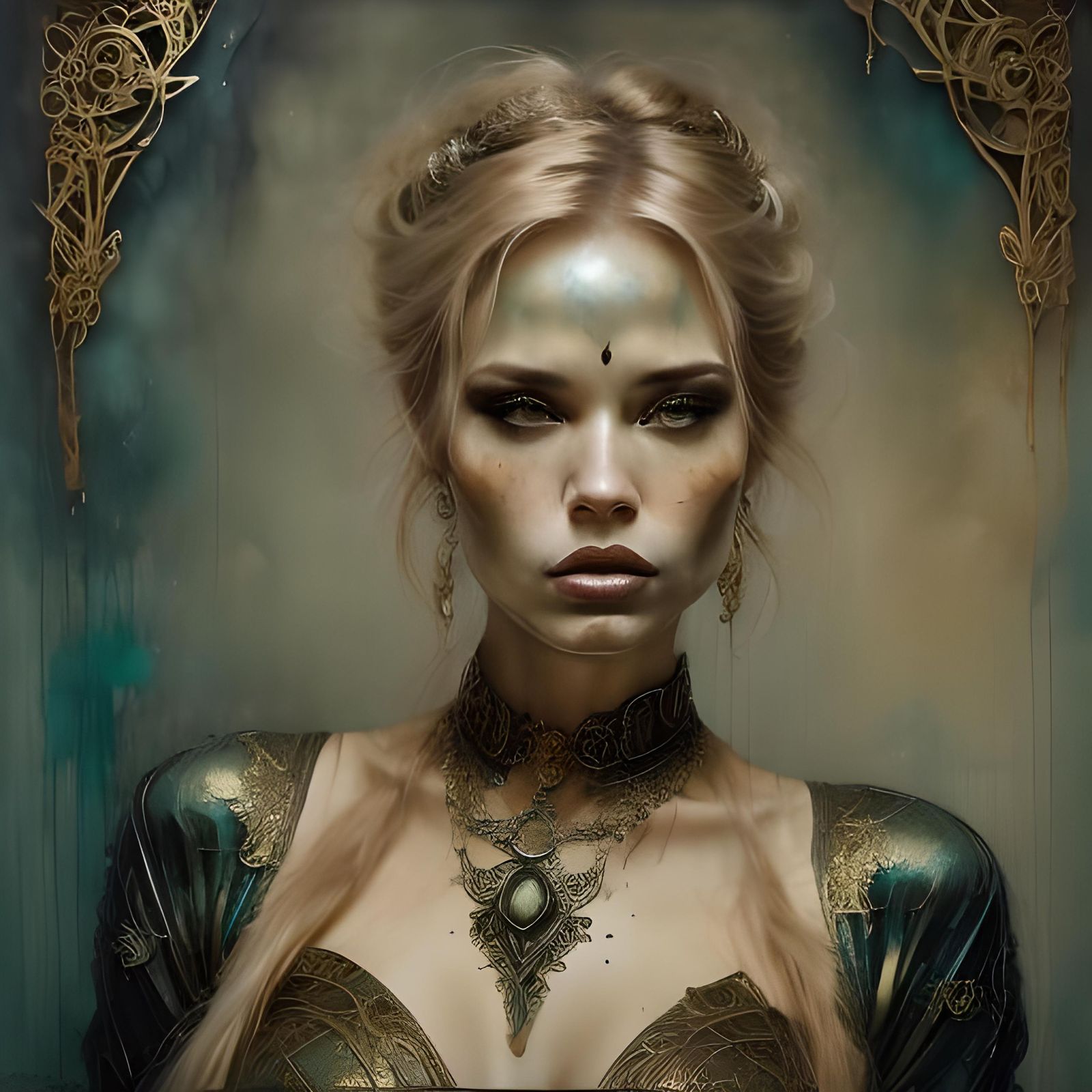 Elegant Woman in Opulent Hall as Inky Portrait