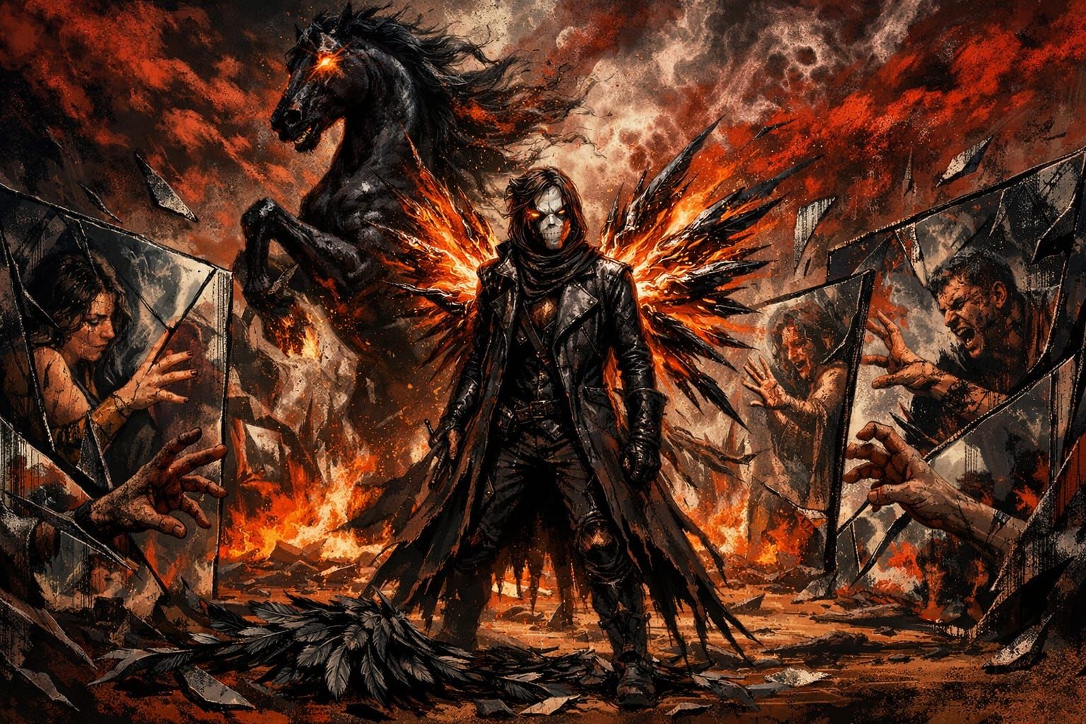 Mythic Horse Rears on Scorched Dreamscape in Gritty Surreali...