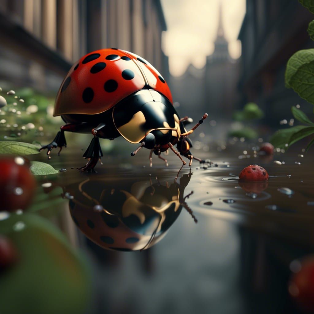 Detailed 3D Ladybug in Digital Matte Painting Style
