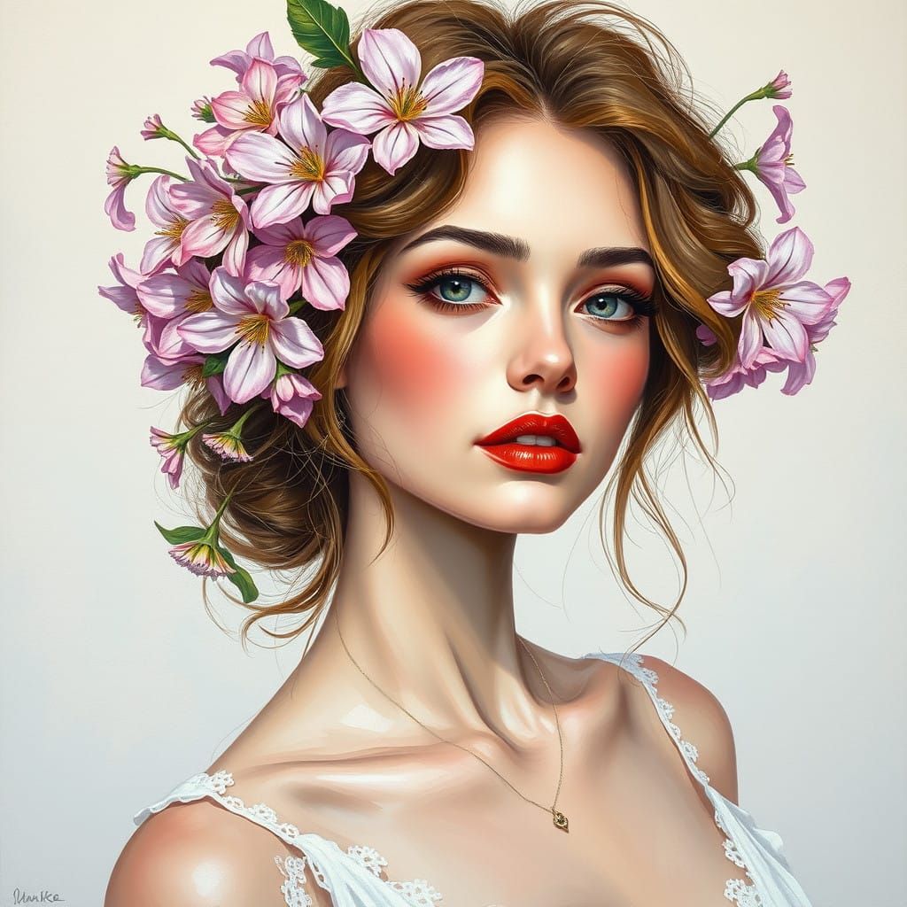 Woman with Lavender Hair and Flowers, Digital Painting Inspi...