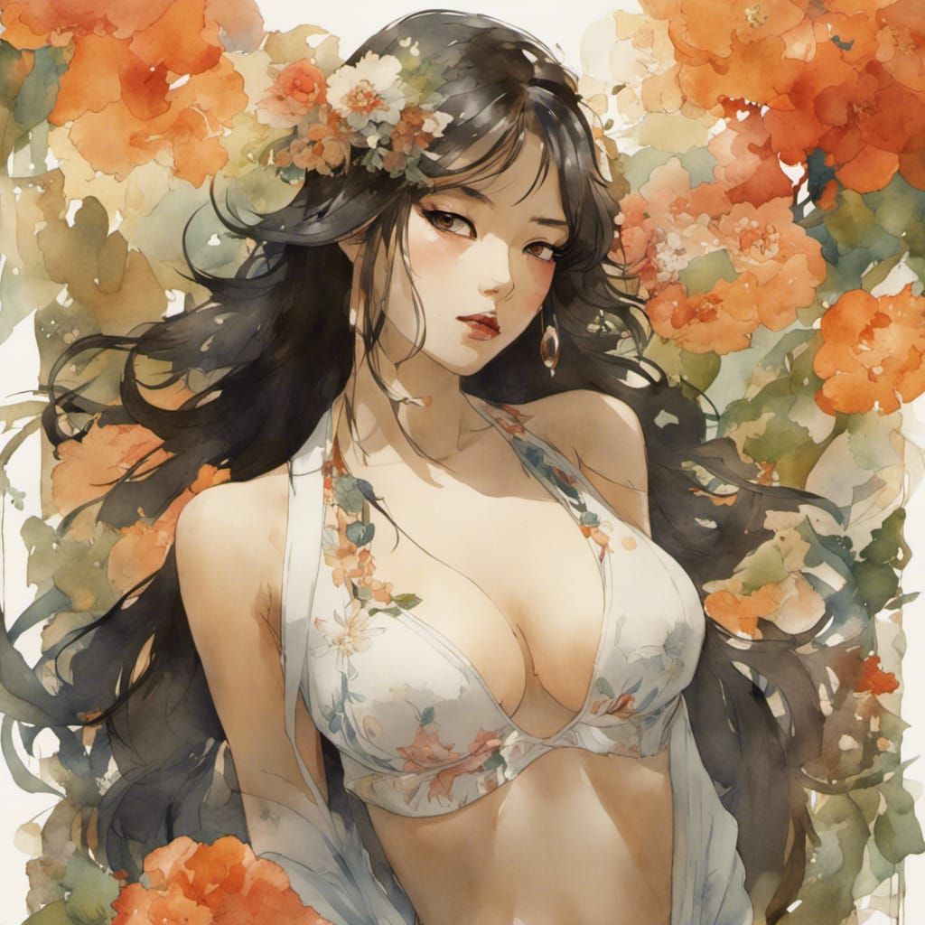 Anime Woman in Floral Watercolor Style
