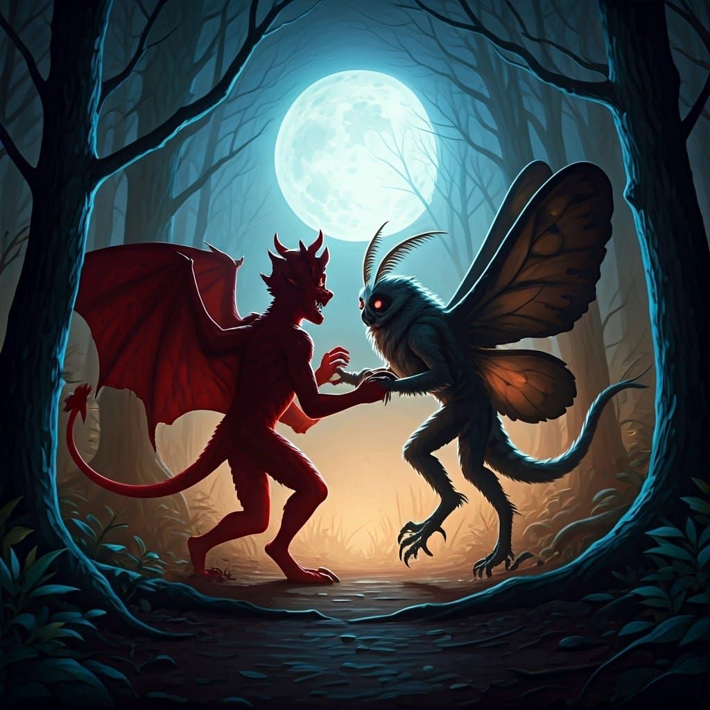 Jersey Devil and Mothman Play Tag in Moonlight