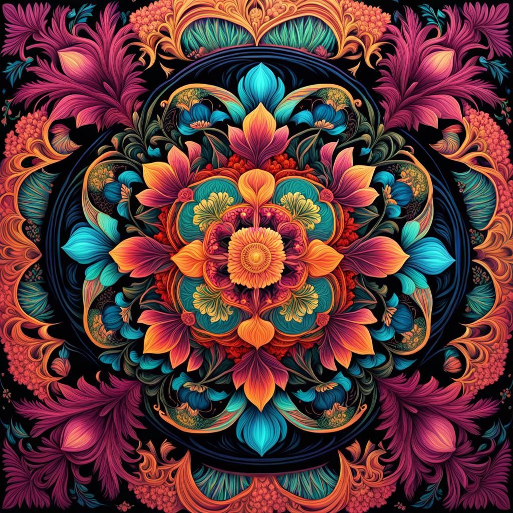 Detailed Fractal Flower Mandala in Art Nouveau Style