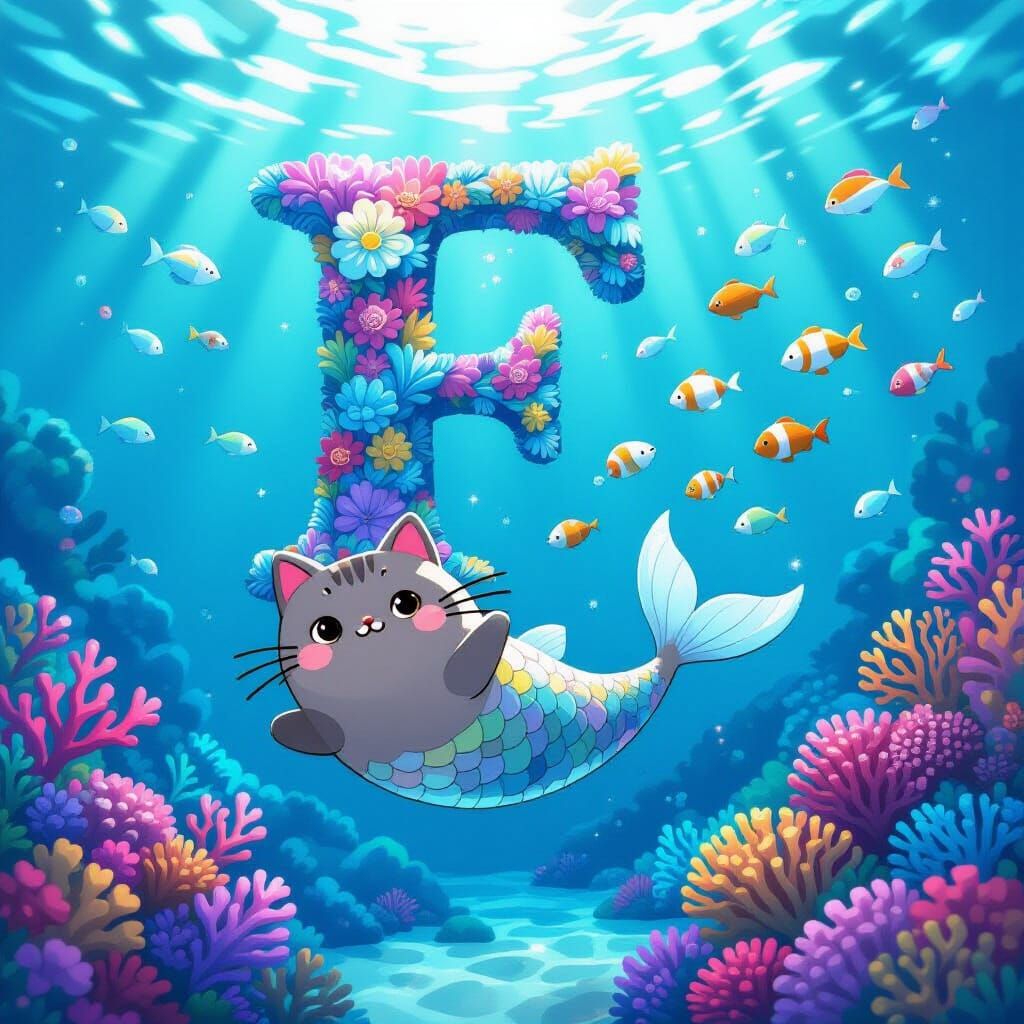 Pusheen Mermaid Swims with Fish by Coral 'F' Sculpture