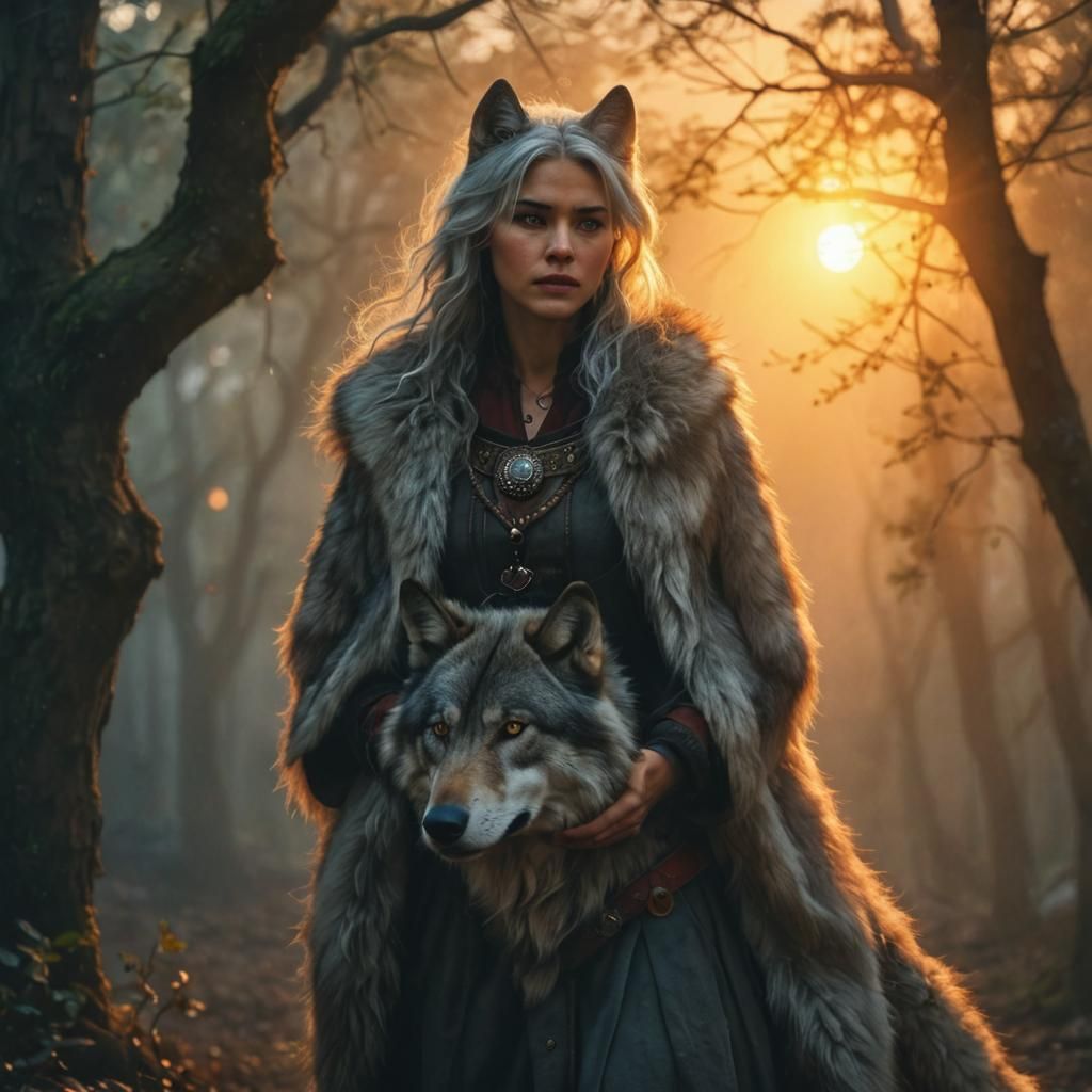 Silver-Haired Woman-Wolf Hybrid Portrait in Studio