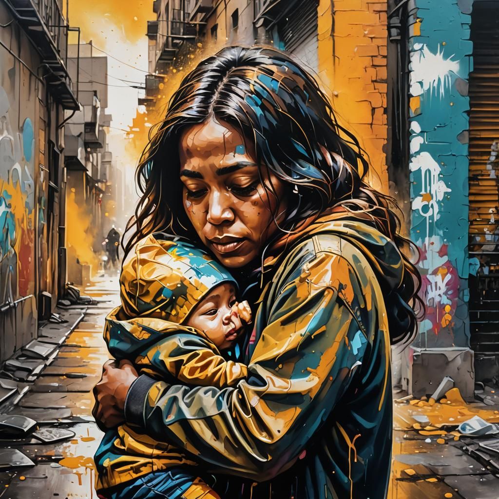 Mother and Child: Vibrant Street Art in Splash Style