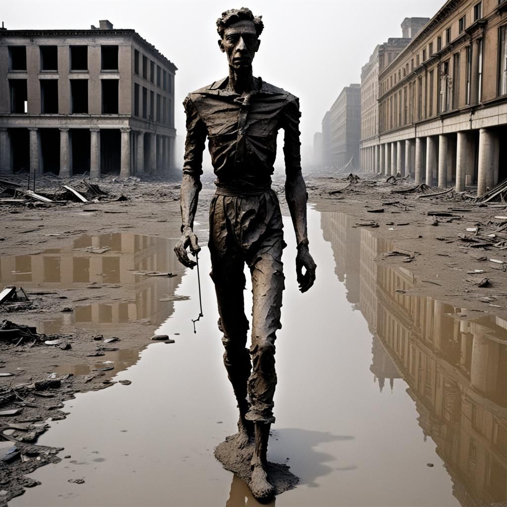 Giacometti-esque Walking Man Sculpture in Ruined City