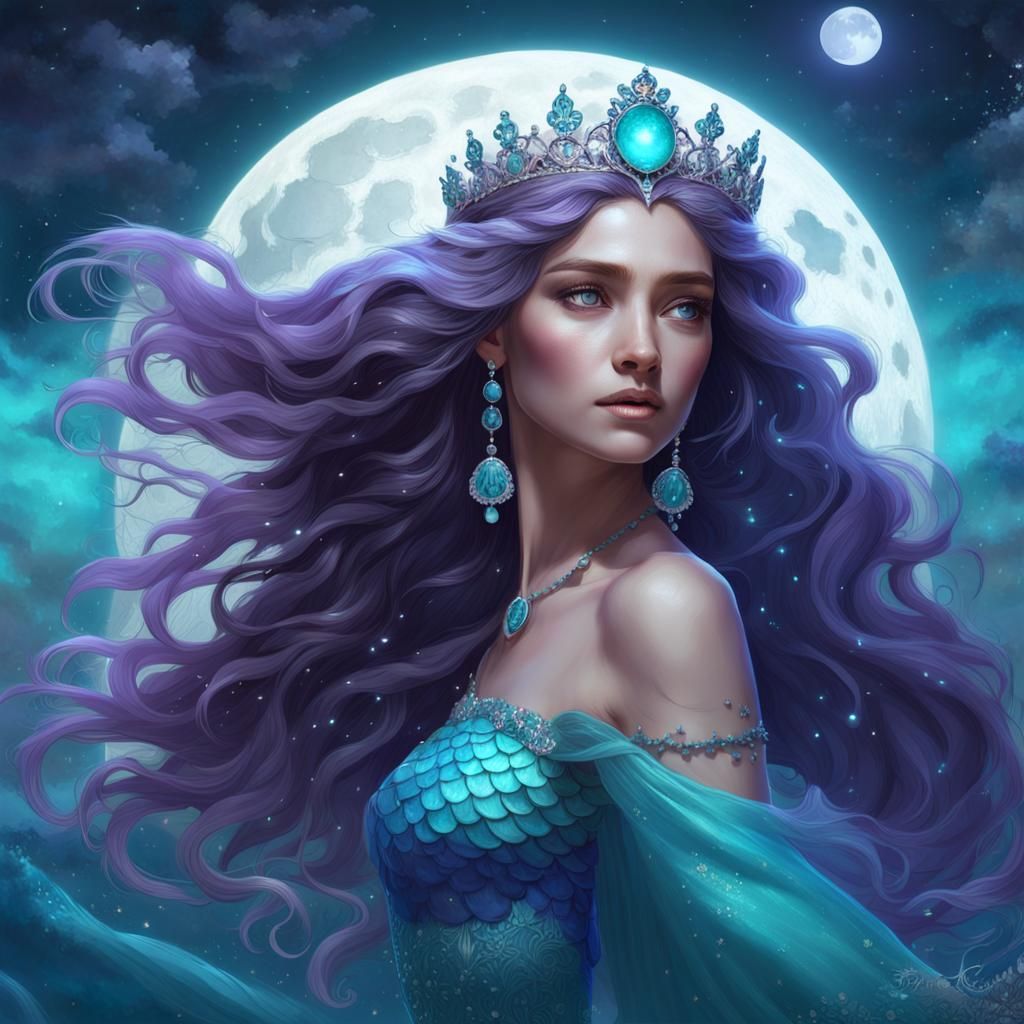 Hyperrealistic Mermaid Portrait with Full Moon and Stars