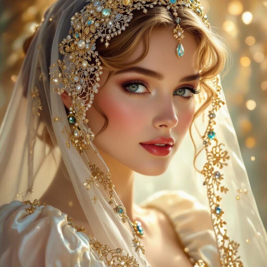 Cinderella Wearing Lavish Jeweled Silk Veil