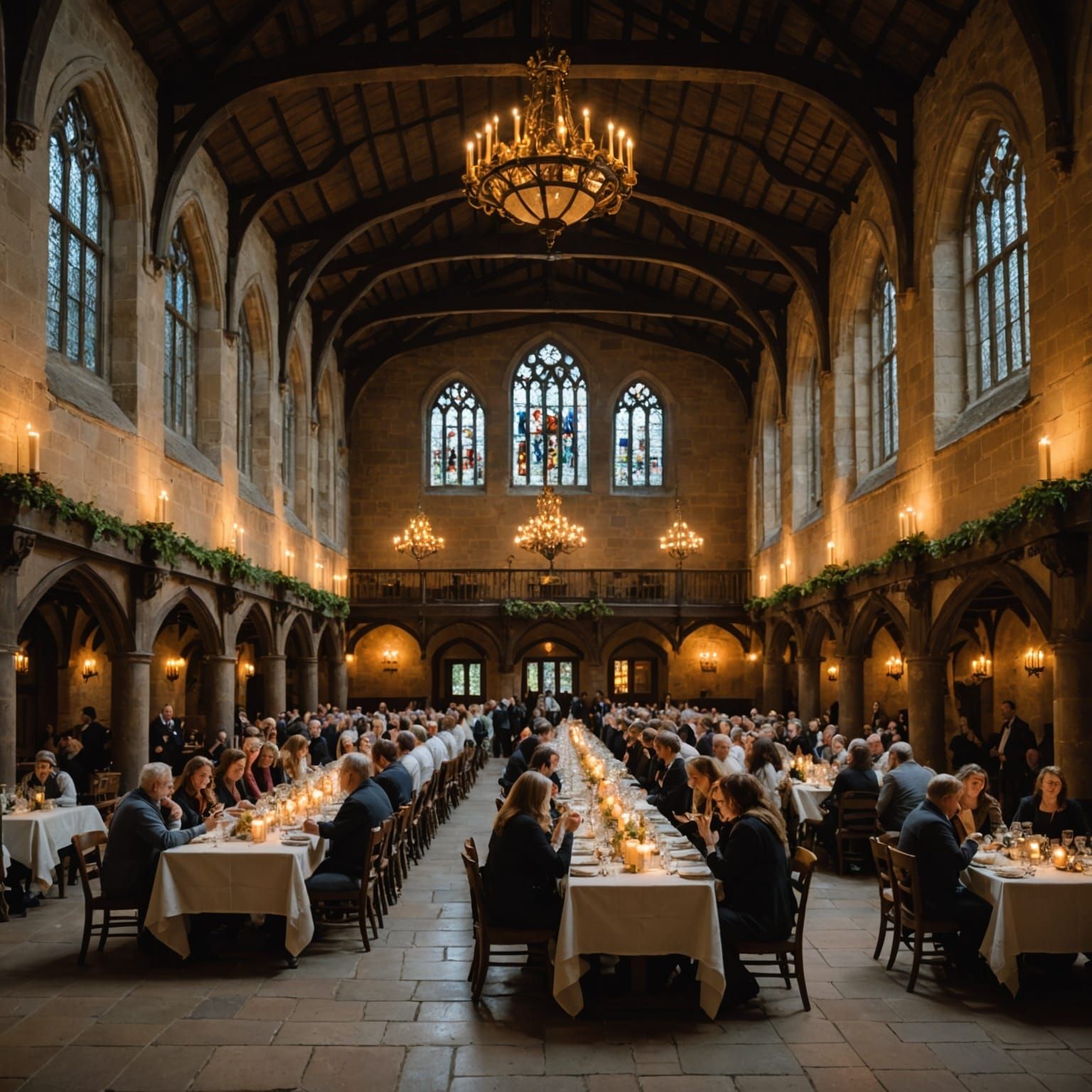 Medieval Great Hall with Dancing Figures, Professional Photo...