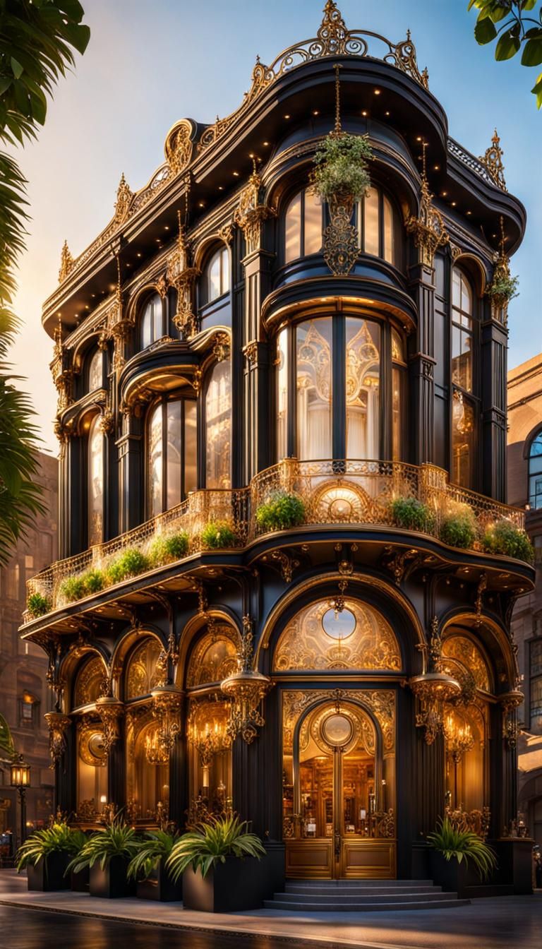 Ornate Art Nouveau Lobby with Quartz Crystal and Gold