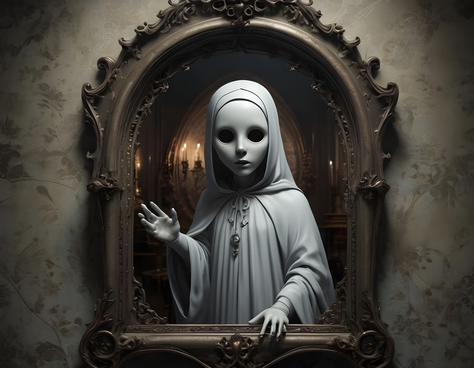 Ethereal Ghost Emerges from Gothic Mirror