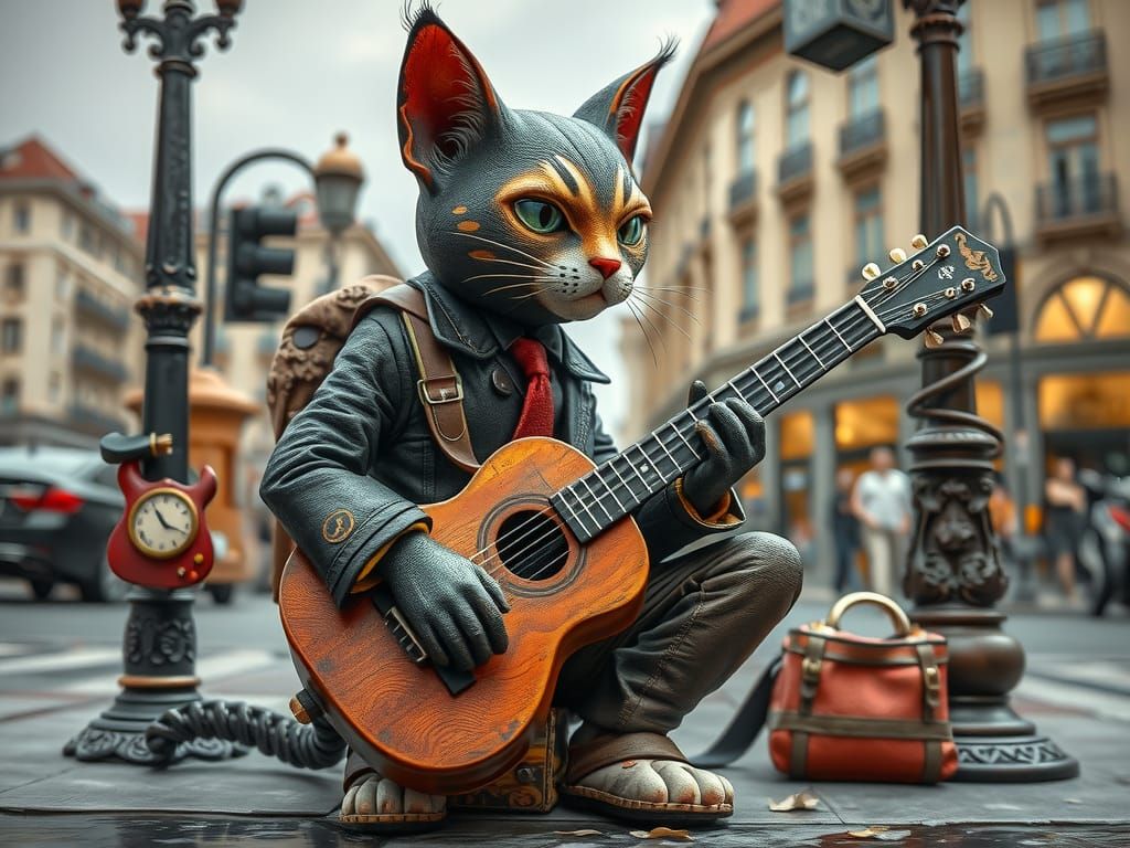 Busker Cat Serenade: A Whimsical 3D Folk Art