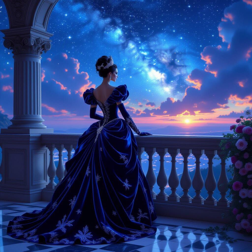Regal Catrina in Baroque Gown on Celestial Balcony