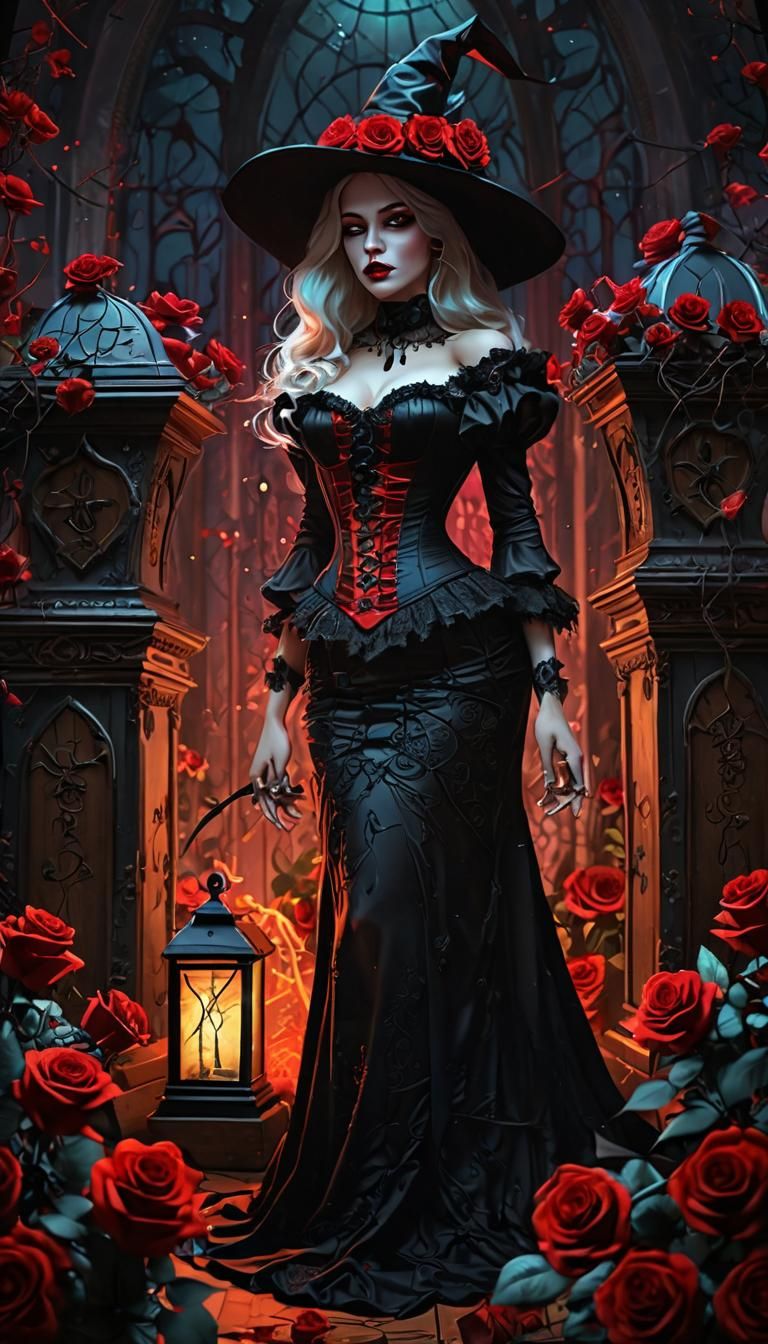 Ethereal Witch and Coffin in Dark Fantasy Style