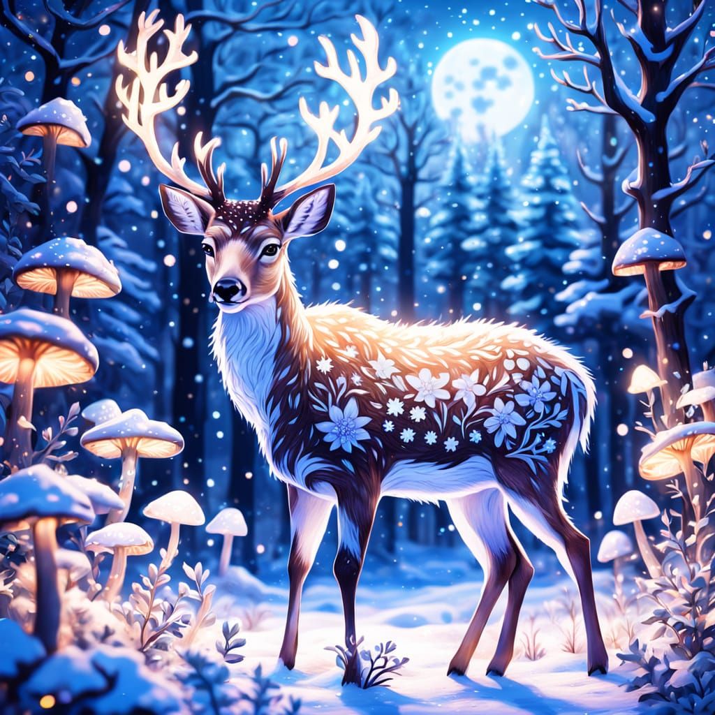 Mystical Deer in Flowery Winter Wonderland