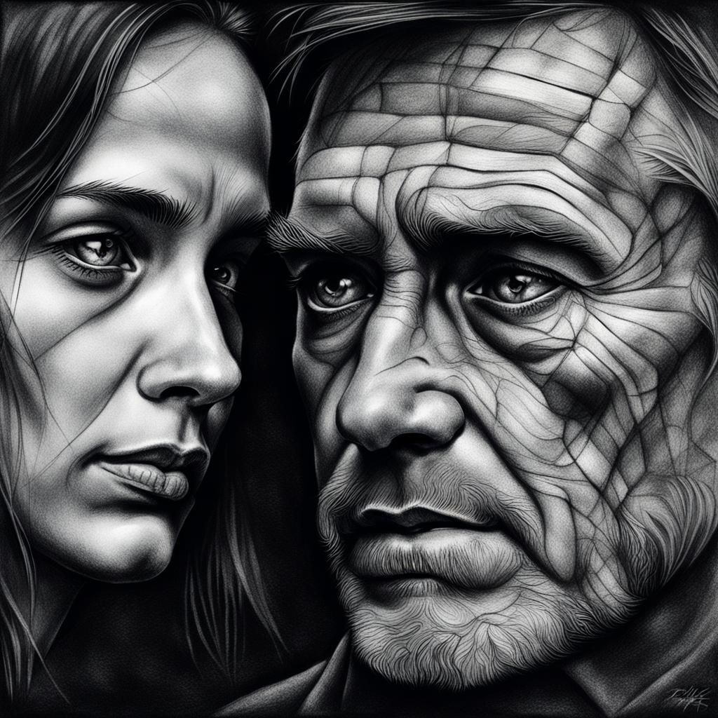 Emotional Charcoal Portrait of Yearning Couple