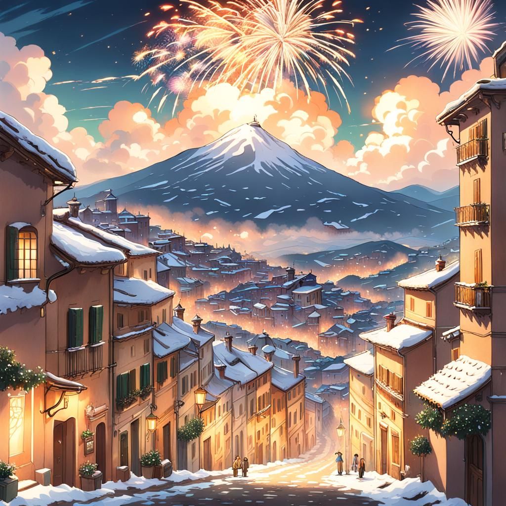 Fireworks Over Snowy Italian Town in Anime Style