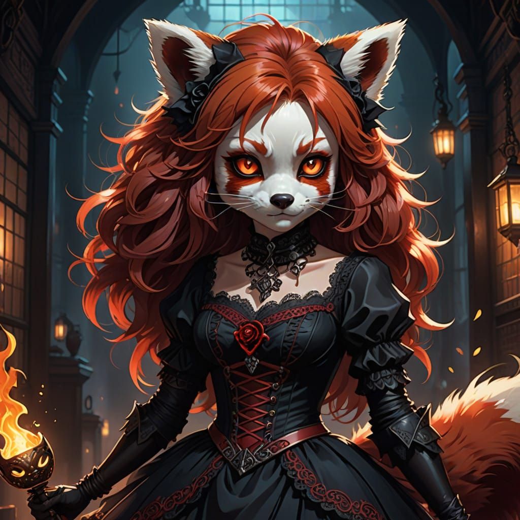 Gothic Red Panda Girl in Victorian Dress