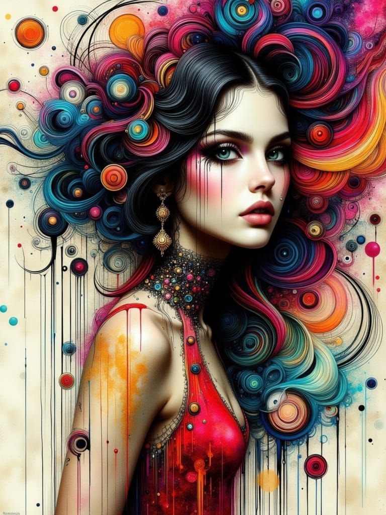 Colorful Surreal Woman in Mixed Media Style